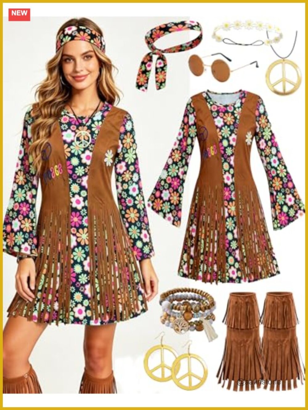 Hippie Disco Costume Set Dress Headband Boot Covers Fringe 70s Outfit